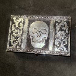 Decorative Silver Metal Skull Keepsake Memory Box Jewelry Card Storage Chest 