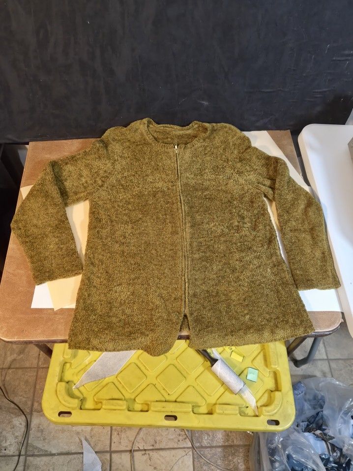 Y2K Vintage Chenille Zip Up Sweater Olive Green Grunge 90s 2000s Retro