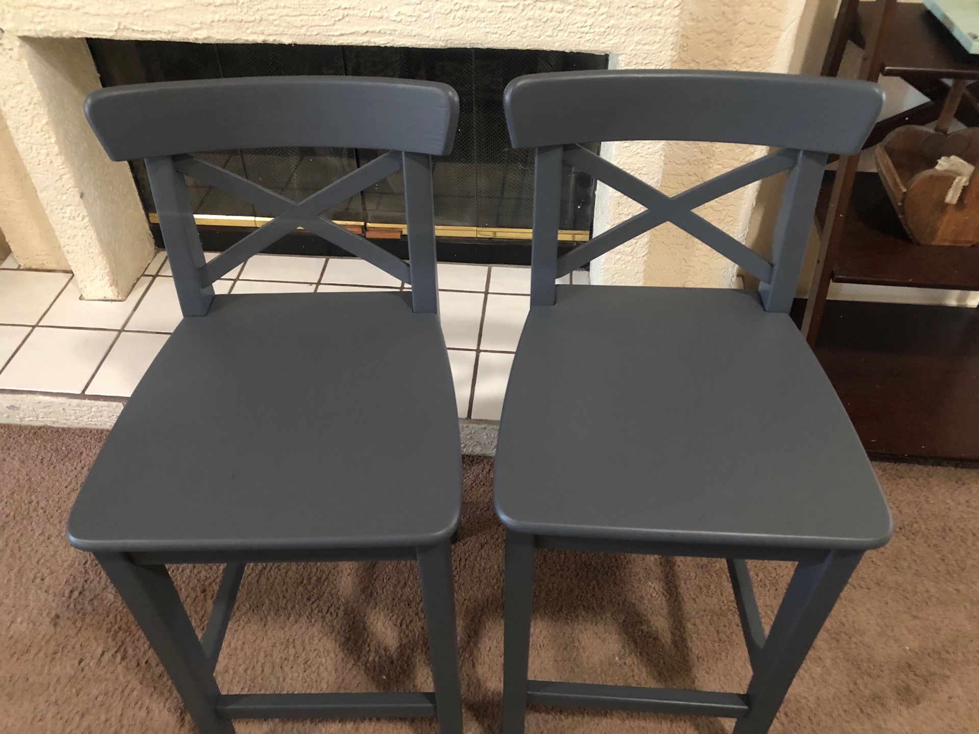 Barstools set pair 2 two bar chairs stools pub height counter chairs solid wood sturdy slate grey gray