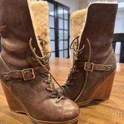 UGG WEDGE BOOT WINTER SHERPA LINED LACE UP BROWN 
