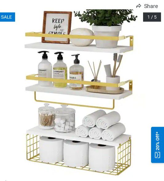 BRAND NEW - Floating Shelves with Storage Basket, Set of 3 - White and Gold