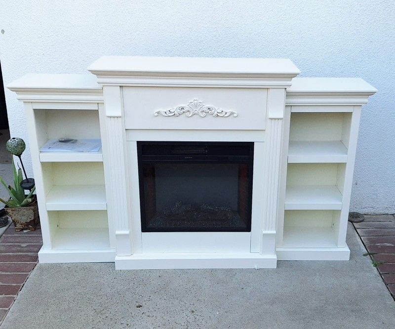 Barton 70" Media TV Stand for Portable Fireplace Bookcases Large Mantel Freestanding with 6 Book Shelfs the Ivory White