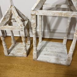  two rustic, wooden decorative lanterns with Distressed White Paint