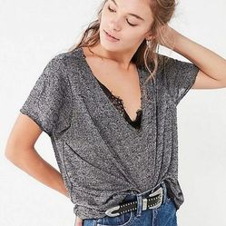 Urban Outfitters gray knit distressed v neck short sleeve shirt top size XS NEW