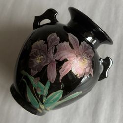 Vintage Black Double Handled Vase With Purple Orchid Design