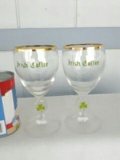 Vintage Irish coffee whiskey Clover Shamrock in stem set of two glasses Saint Patrick's Day 6 oz gold rim