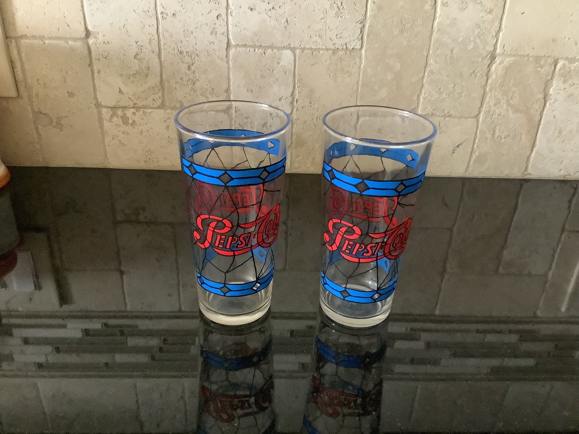 Vintage Set of 2 Pepsi-Cola Glasses Tiffany Style Red and Blue 12oz High Ball