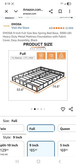 EMODA 9 Inch Full Size Box Spring Bed Base, 3000 LBS Heavy Duty Metal Mattress Foundation, Easy Assembly, Black