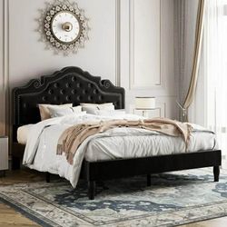 Full Bed Frame, Velvet Tiara Upholstered Diamond Button Tufted Headboard, No Box Spring Needed, Black