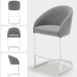 RêveLife Counter Height Bar Stools Set of 2, 26” Seat Height Modern Grey Boucle Fabric Bar Chairs with Barrel Back, Dual Armrests, and Chrome U-Shaped