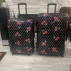 Hard Shell Expandable International Traveler Luggage Set Of 2 - Black With Polka Dots And Cherries