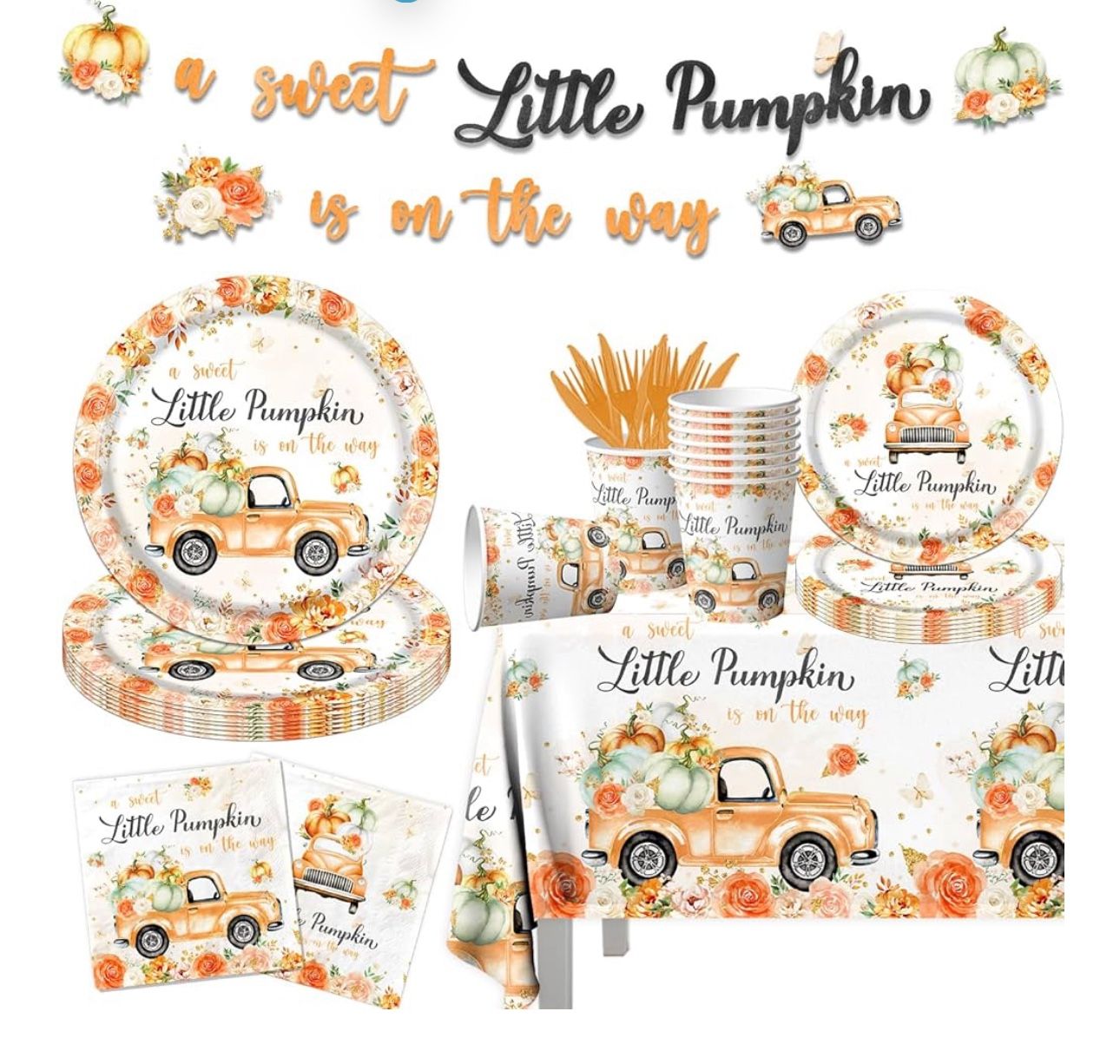 Little Pumpkin Baby Shower Party Decorations Tableware,A Little Sweet Pumpkin is On The Way Floral Truck Disposable Banner,Tablecloth,Plates,Napkins f