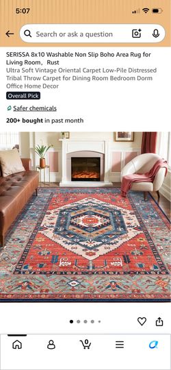 SERISSA 8x10 Washable Non Slip Boho Area Rug for Living Room，Rust Ultra Soft Vintage Oriental Carpet Low-Pile Distressed Tribal Throw Carpet for Dinin