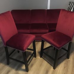 Custom Burgundy Velvet Sleeper Sofa, Matching Bar Stools, And Drapes 