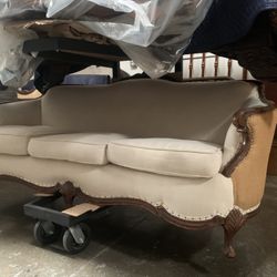 Antique French Louis XV Style Carved Walnut Gold Upholstered Sofa 