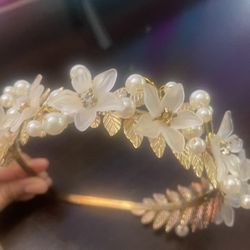 Floral Metal Hair Band . Golden And Off White Color