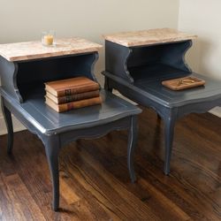 Stunning Pair of Mid-Century French Provincial End Tables *Genuine Portuguese Marble Tops*