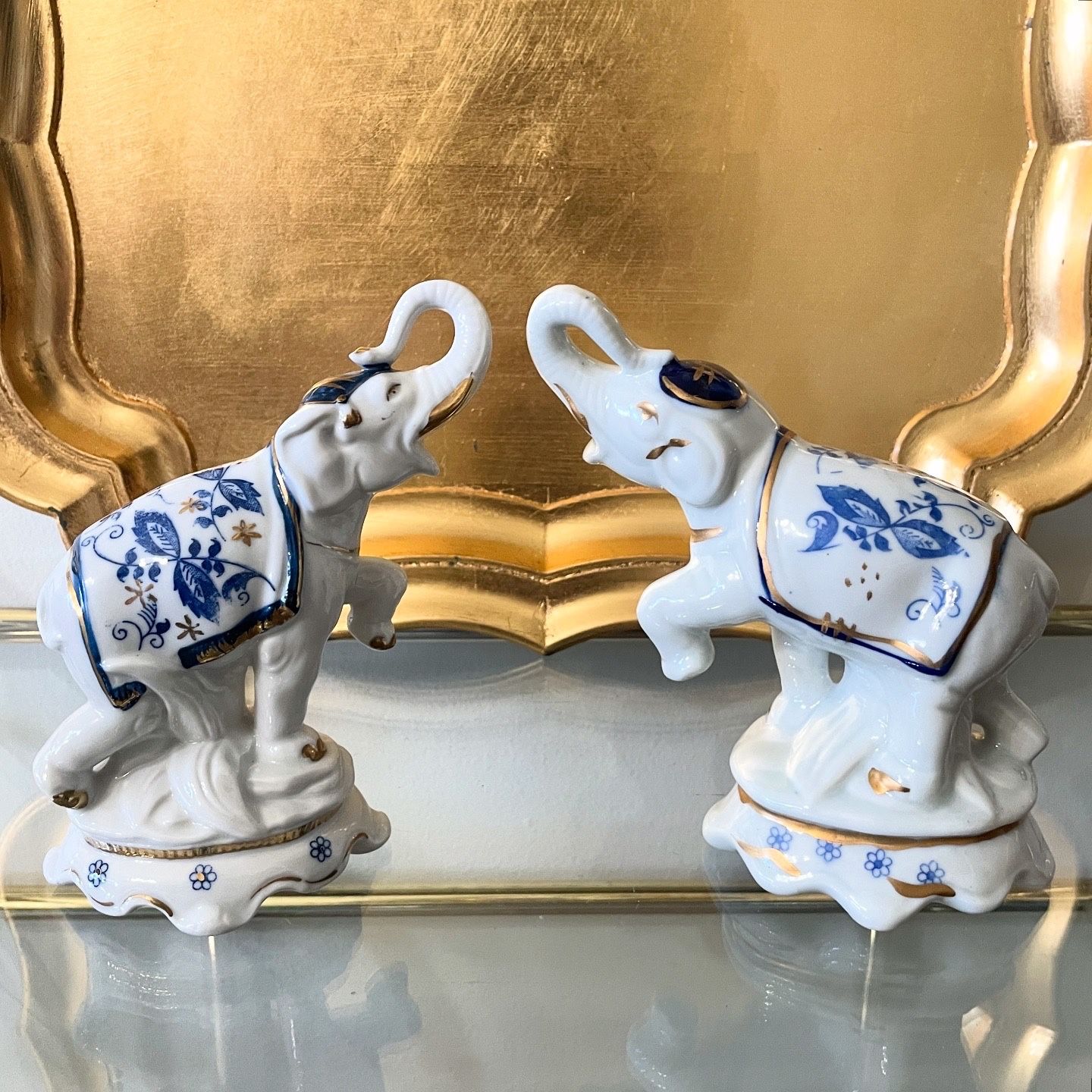 Vtg 6.5” H Blue and White Porcelain Elephant Figurines by Seymour Mann – S/2 (Made in Japan)