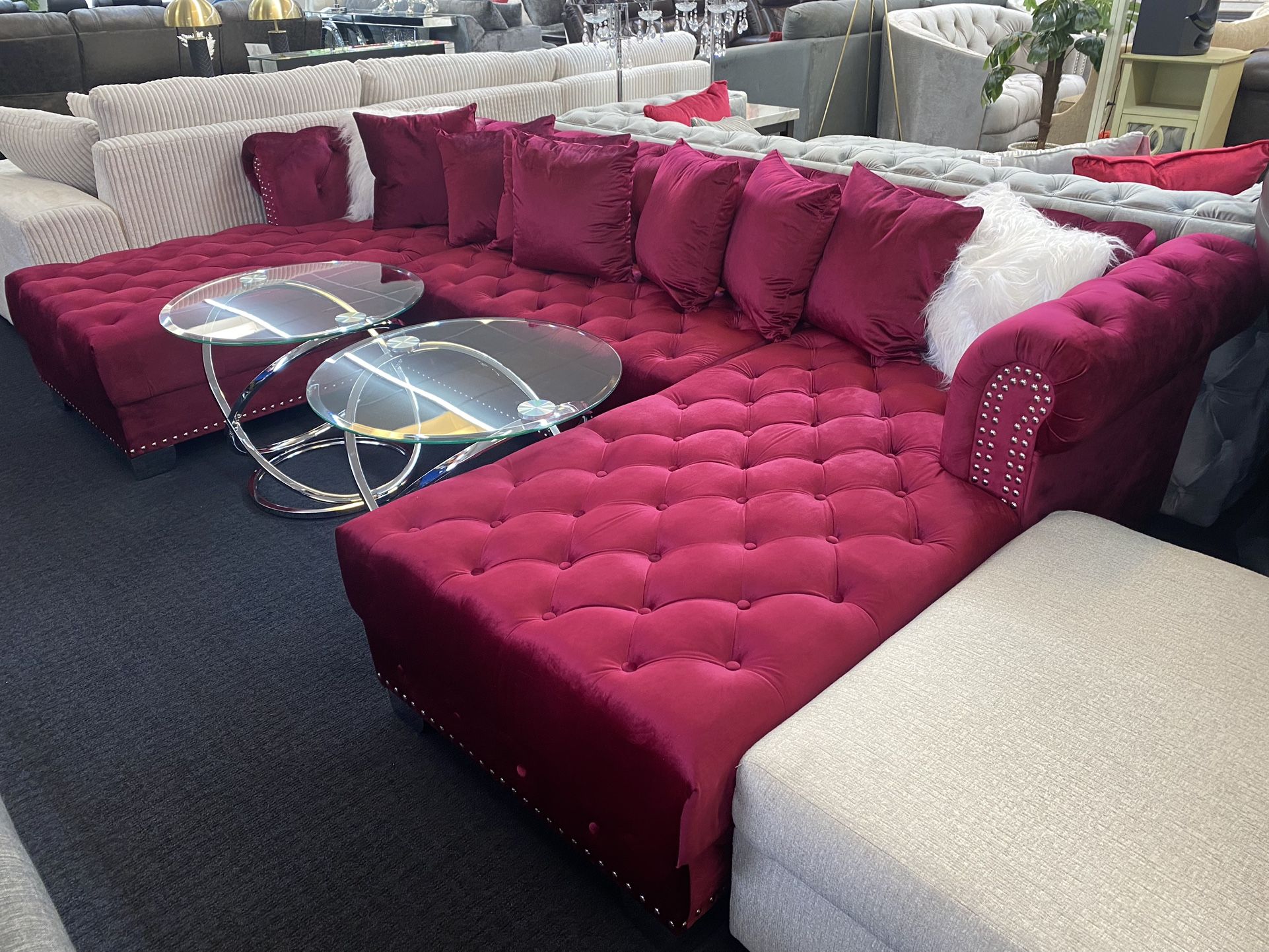 Red Burgundy Dual Chaise Tufted Sectional