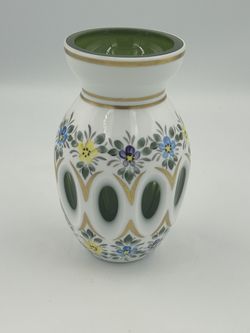 Vintage Milk Glass Cased Olive Vase, Cut Two Clear Hand, Painted Floor Design With Gold Accents