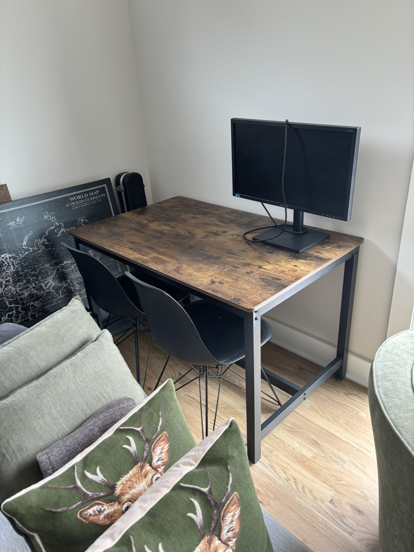 Dark Brown Wood & Black Metal Office Desk + Chairs