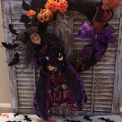 Ht-23in Width-22in HANDMADE Artificial Halloween Witch  Arrangement On A Black Wreath