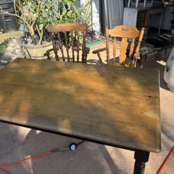 Hard Wood Top Table And  2  Hard Wood ( Non Matching Chairs) 
