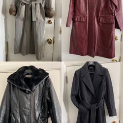 Gray Wool Coat, Black Leather Coat, Burgundy Leather Coat, Harve Benard Trench Coat (See Prices Below)