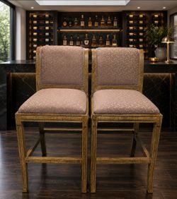 Pair of (2) two Antique Vintage Crackle Gold Barstools – Solid Wood & Thick Cotton Fabric