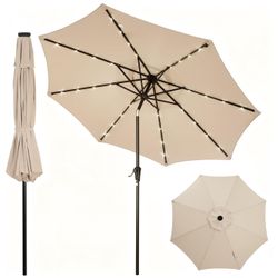 9 FT Solar LED Patio Umbrella with 32 Lights, Outdoor Market Table Umbrella with Tilt & Crank, 8 Iron Ribs, UV Sun Shade for Patio, Deck, Garden & Poo