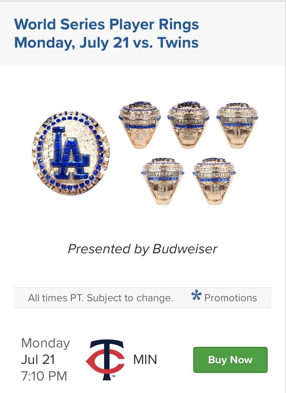 Dodgers Vs Twins 7:10pm Gametime Ring Giveaway