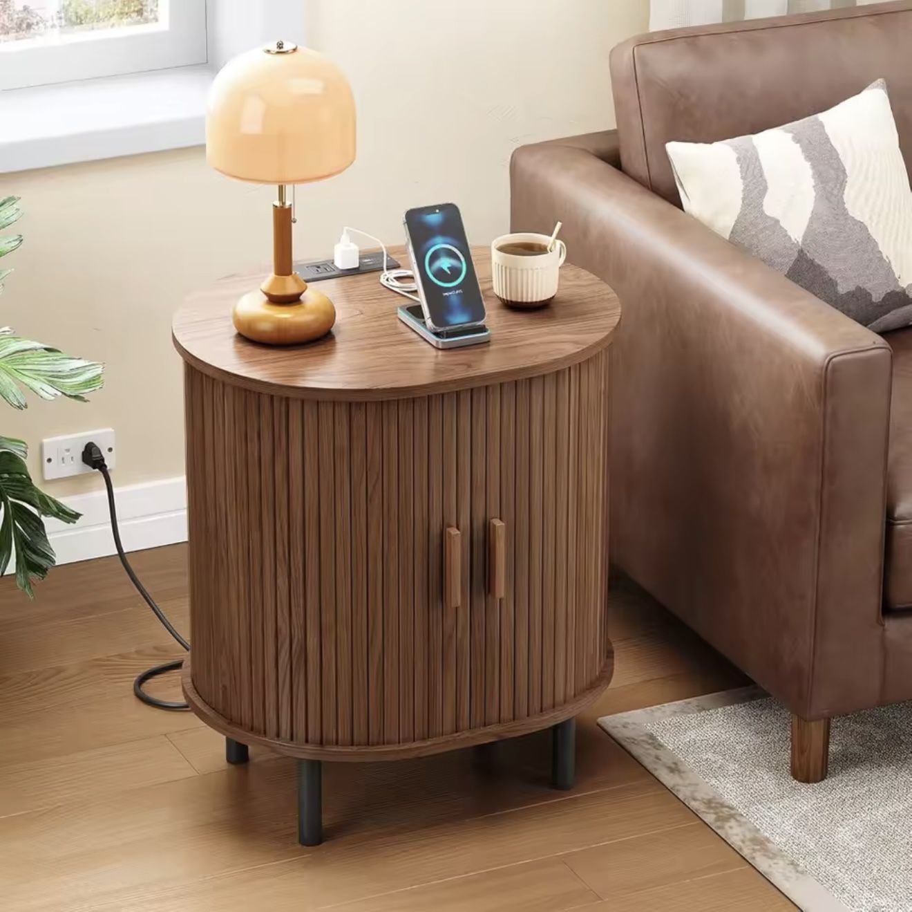 Walnut Brown Tambour End Table With Charging Station 