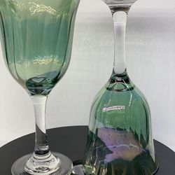 Set of (2) Beautiful Vintage Iridescent Green Rainbow Wine/Water Goblets. 