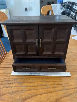 Antique Armoire Dresser Dark Brown Jewelry Box 1940- 50s Era Blue Inside Nice Condition