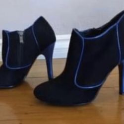 Suede Ankle Boots Zip Sides Blue Patent Trim And Heel - Size 37 (6.5 U.S.)