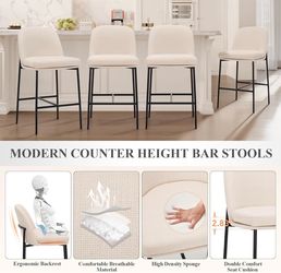 MALOL- Set of 4 BarStools, Modern Upholstered Counter Height Bar Chairs with Cushioned Seat and Curved Back, Fabric Kitchen Island Stools with Sturdy 