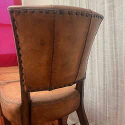 Distressed Cognac Leather Dining Chairs — Set of 4, Nailhead Trim