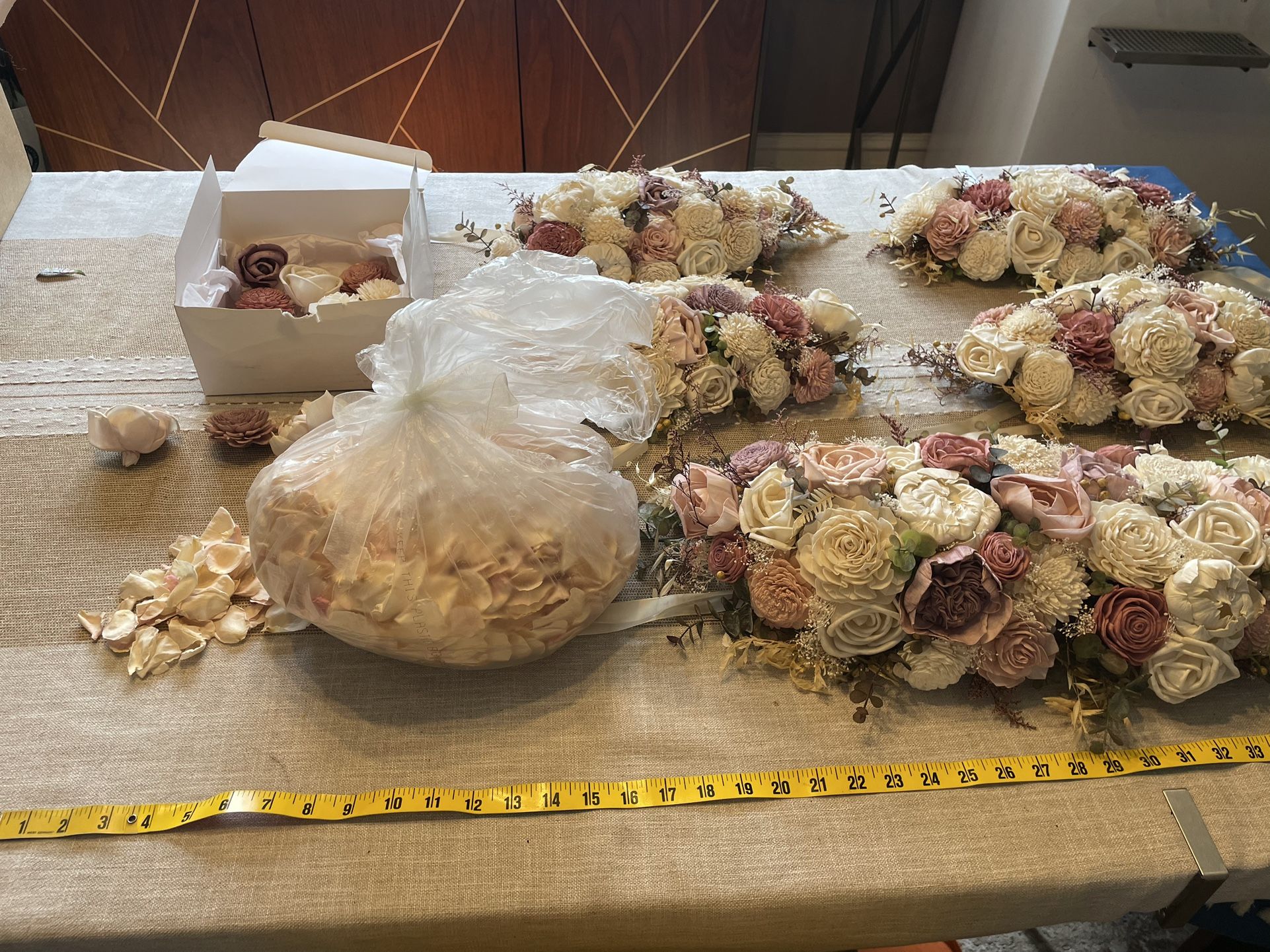 Cream and Blush Wooden Flowers Wedding Arch Arrangement