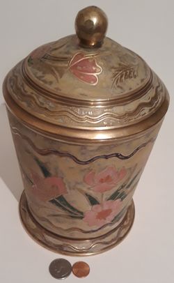 Vintage Metal Brass Container, Biscuits, Cookies, Colorful, Super Heavy Duty, 9" x 6", Weighs 3 3/4 Pounds, Home Decor, Table Display, Shelf Display