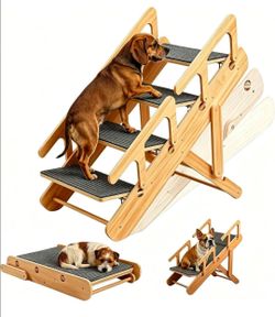 Adjustable Wooden Dog Stairs & Ramp – 2-in-1 Foldable Pet Steps with Safety Rails