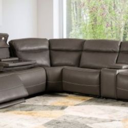 Brand New Grey Super Plush Leather Power Reclining Sectional Sofa
