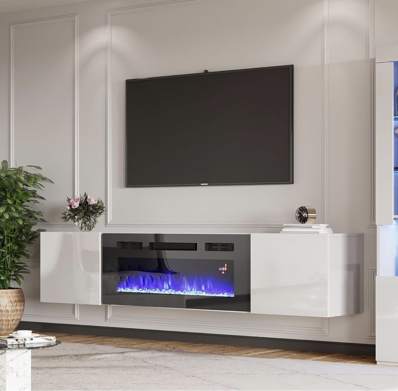 Floating TV Stand with 36" Electric Fireplace, High Gloss Finish Wall Mounted Fireplace Ent