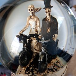 Skeleton Bride Groom Wedding Skulls Bicycle Snow Globe  