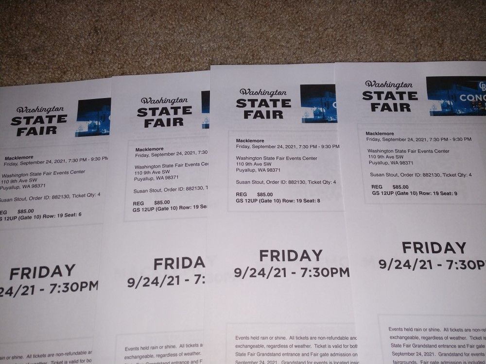 4 Macklemore Tickets WA State Fair 9/24