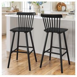 LUE BONA Windsor Wooden Barstools Set of 2 for Kitchen Island, Farmhouse 30 Inch Bar Height Stools Chairs with Spindle Back for Bar Bistro, Black