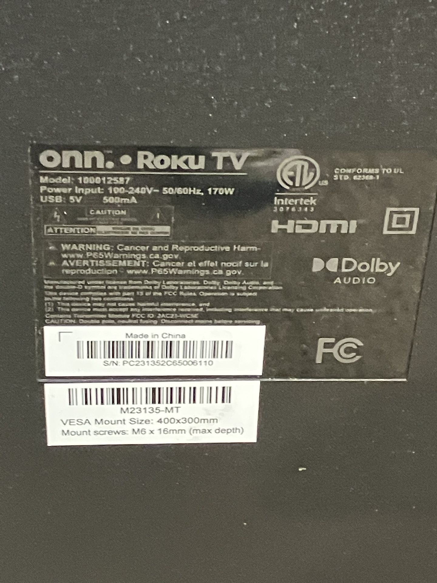On 65” Tv #109524-1 MGC