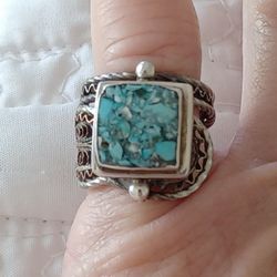 Vtg.Very Unique Sterling Silver TURQUOISE- crisscross Ring- Sz5