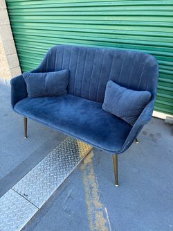 Navy Blue Velvet Loveseat with Gold Legs