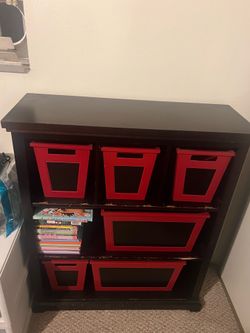 Dark Cherry Storage Shelf / Cabinet with 6 red bins / buckets / containers