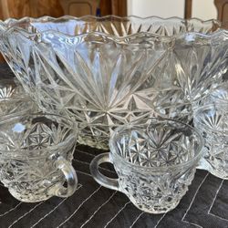 Vintage Anchor Hocking Arlington Glass Punch bowl and Glasses